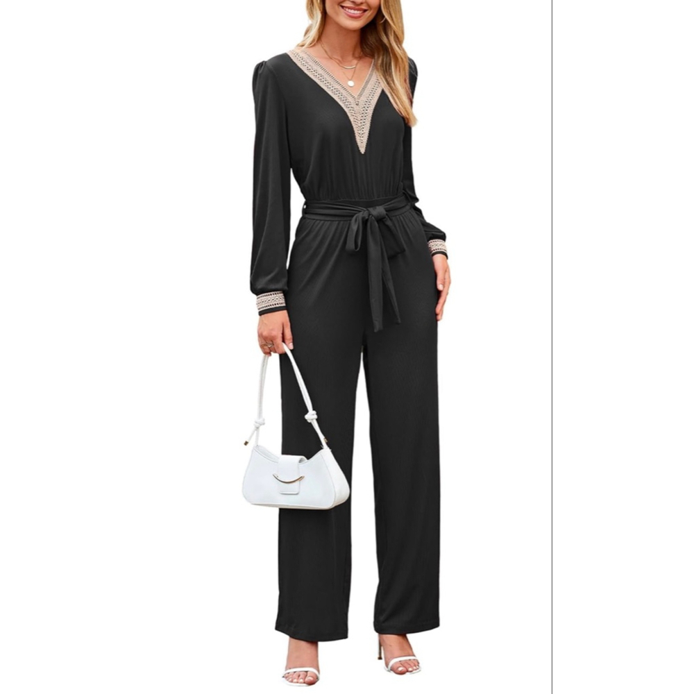 NEW Dressy Lace V Neck Long Sleeve Wide Leg Jumpsuit L NO BELT